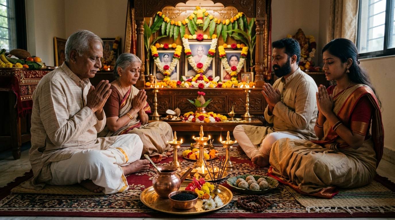 Family offering respectful prayers for departed parents during Pitru Paksha 2026